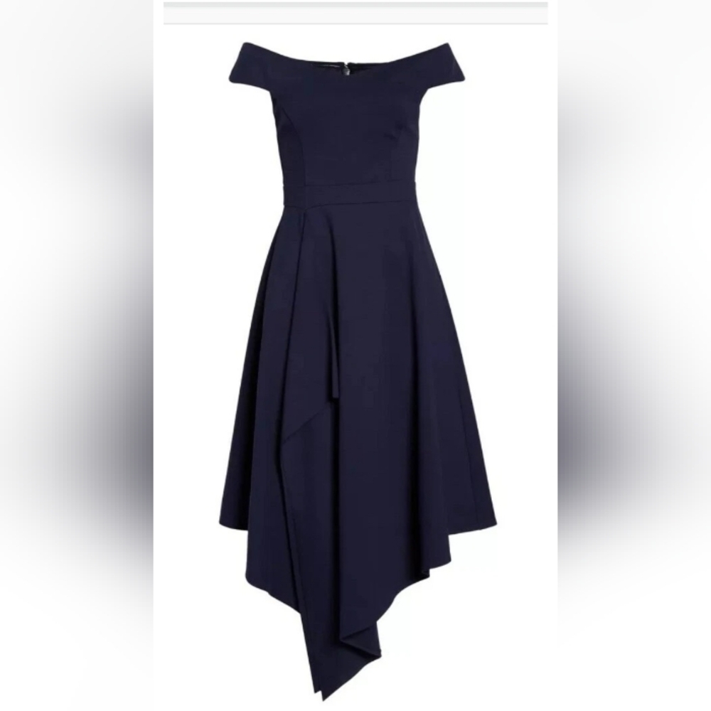 Harlyn Elegant Navy Blue Off-Shoulder Asymmrtrical Dress Sz-L